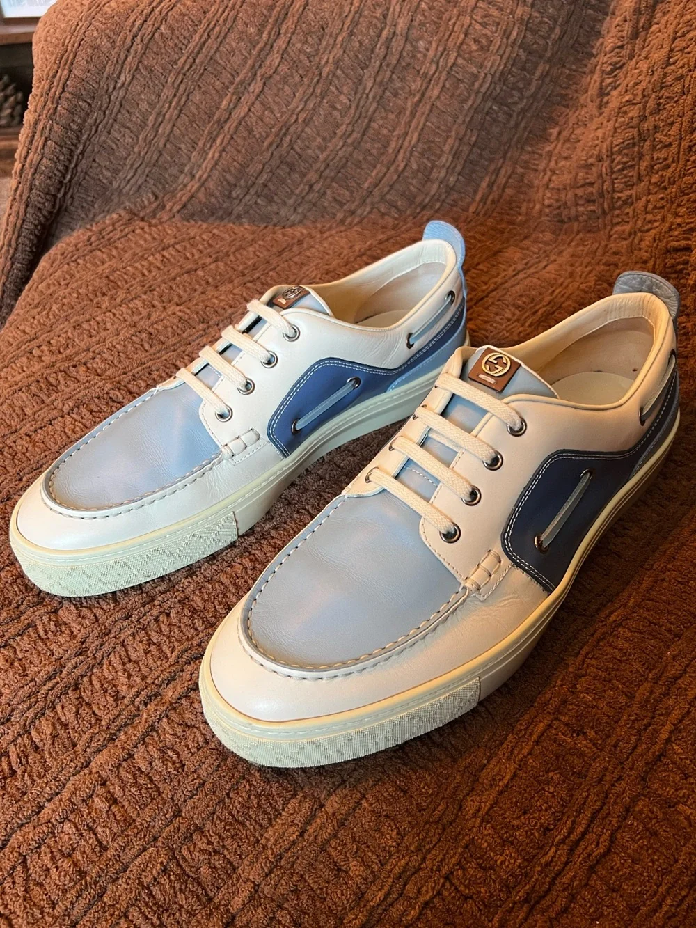 Gucci Blue and Beige Leather Boat Shoe Sneakers